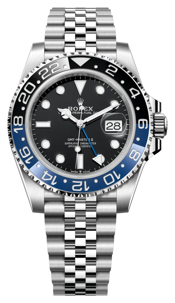 Rolex GMT-Master II 126710BLNR mit schwarz-blauer Lünette und Jubilee-Band, Frontansicht