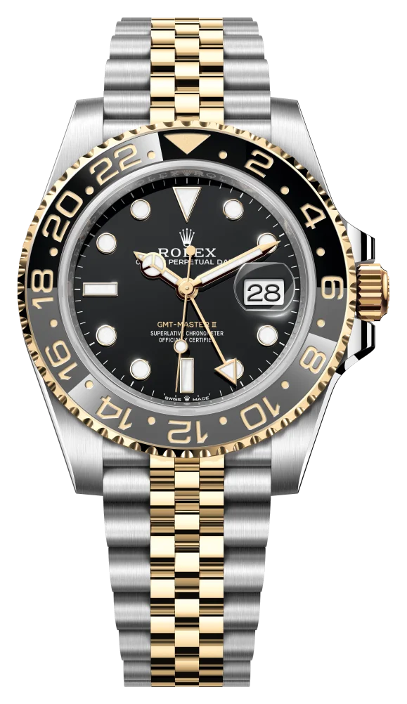 Rolex GMT-Master II 126713GRNR in Rolesor, Stahl mit Gelbgold, mit schwarz-grauer Lünette und Jubilee-Band, Frontansicht