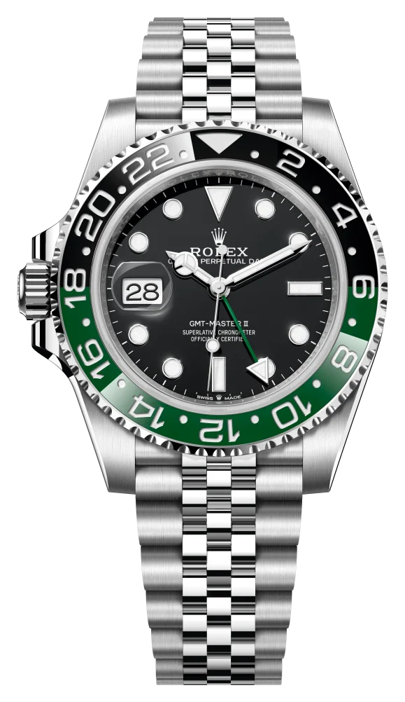 Rolex GMT-Master II 126720VTNR mit grün-schwarzer Lünette und Jubilee-Band, Krone links, Frontansicht