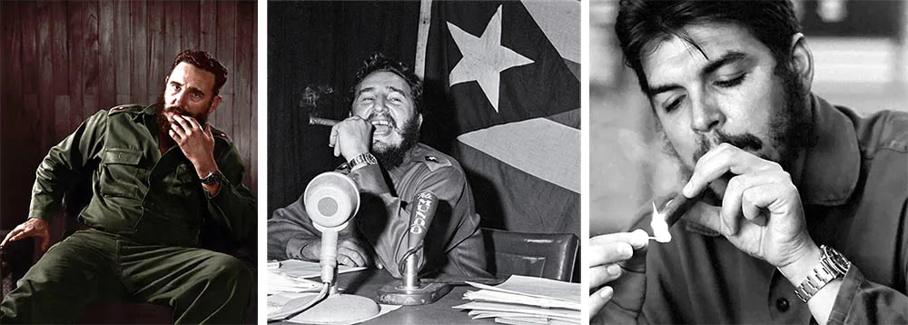 Drei Schwarzweißfotos von Fidel Castro und Che Guevara, Castro mit Zigarre und am Mikrofon