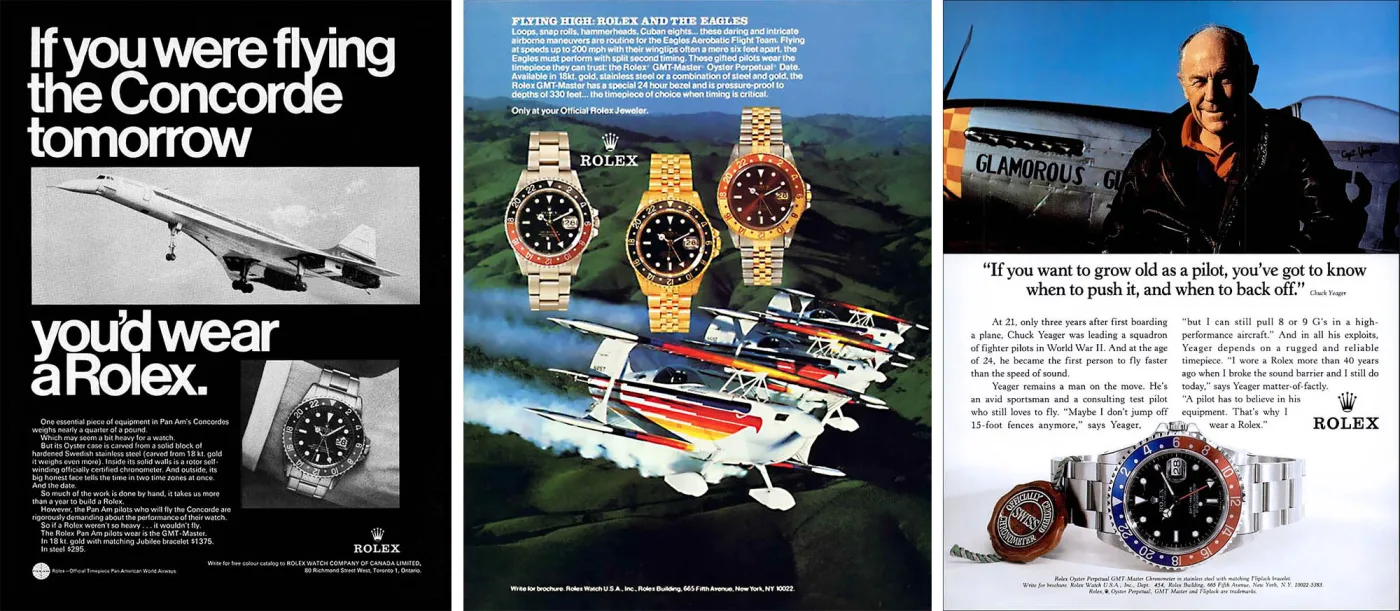 Drei Werbeanzeigen für die Rolex GMT-Master nebeneinander, die linke mit der Concorde