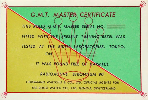 Englischer Zettel zur GMT-Master mit einem Zertifikat über die Radioaktivität der Leuchtmasse