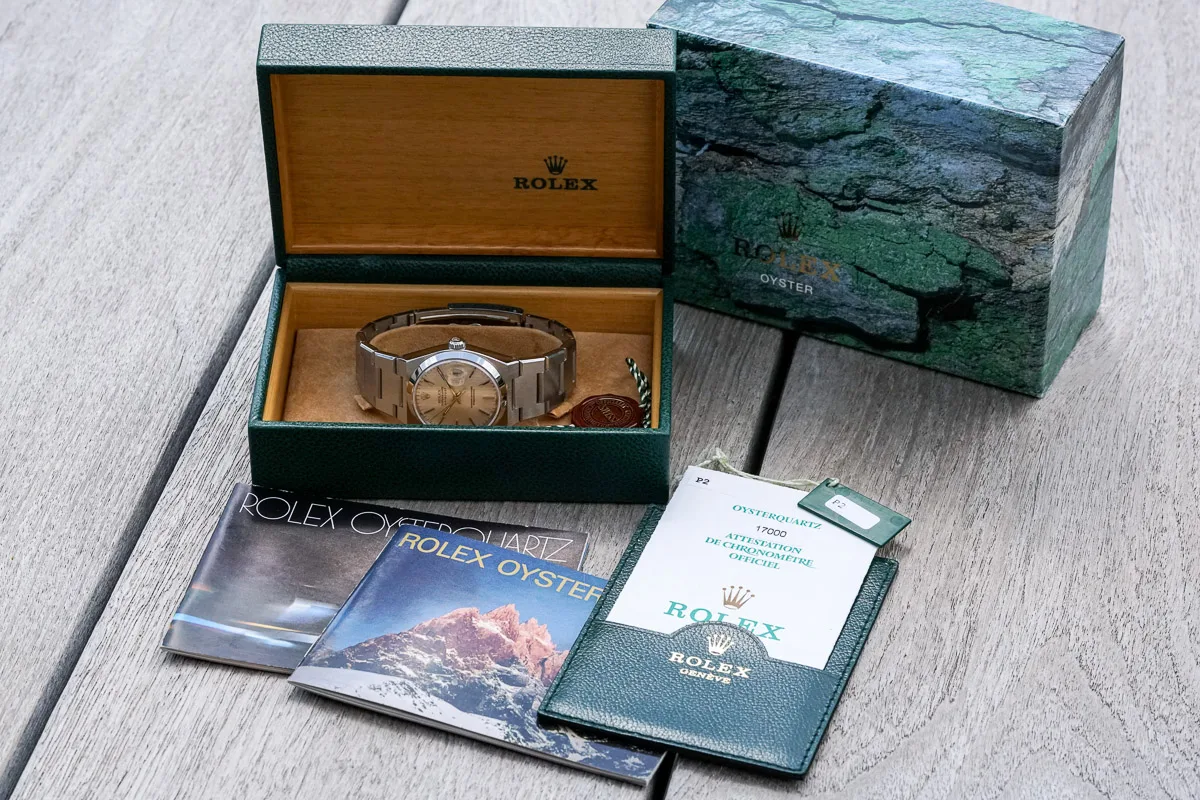 Rolex Oysterquartz ref. 17000 in the box, with papers and booklets in front