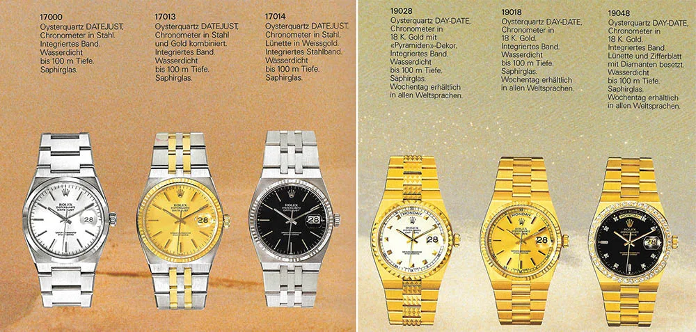 Page from the 1986 customer catalog with six Oysterquartz models in steel and gold