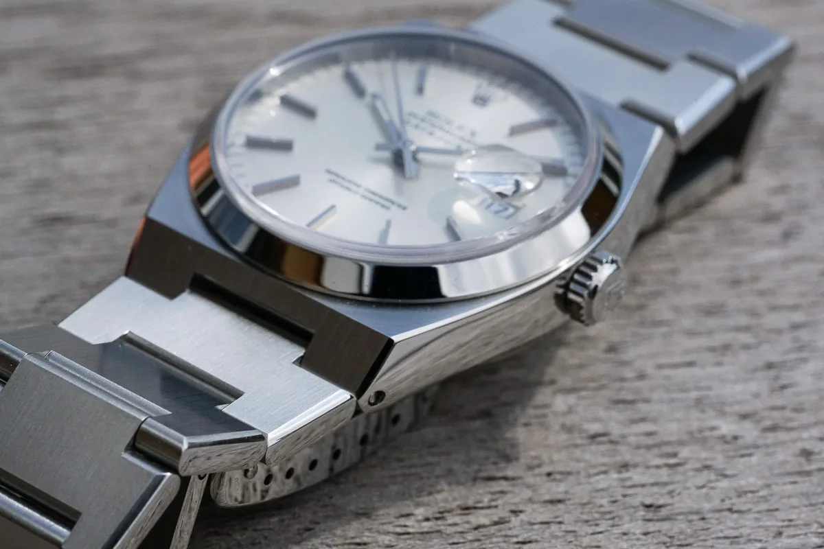 Close-up of an unworn Rolex Oysterquartz with sharp case edges