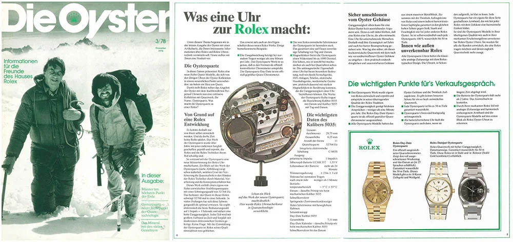 Scanned pages of the dealer magazine Die Oyster, issue 3/78, with technical information on the Oysterquartz