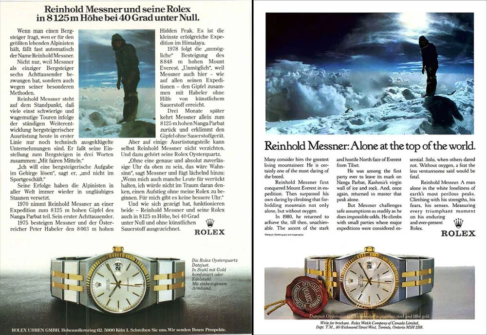 Two Rolex ads about Reinhold Messner's Everest climb with the Oysterquartz