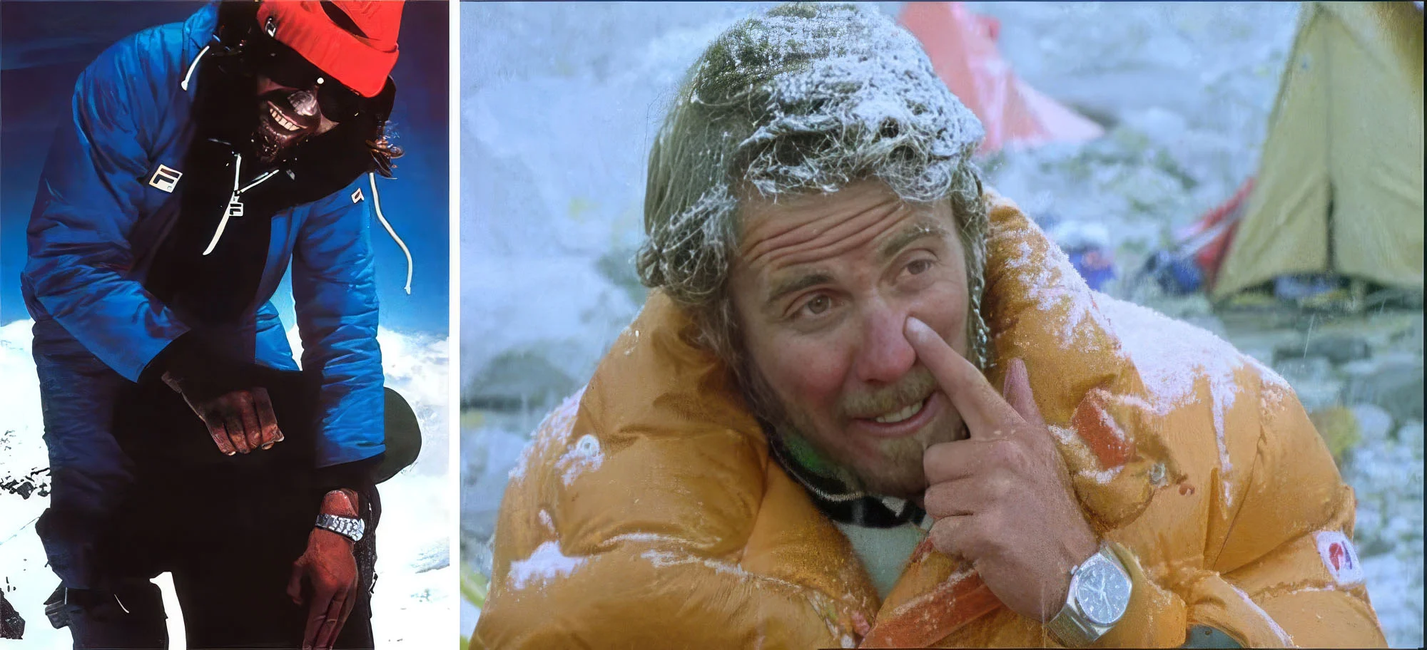 Two photos: on the left Reinhold Messner in a blue jacket and red cap, on the right Peter Habeler with snow on his face in an orange down jacket