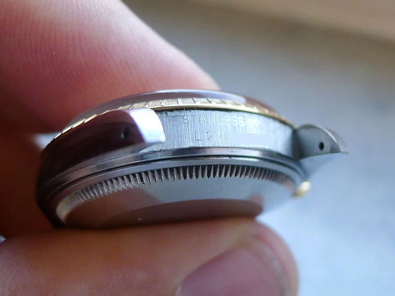 Watch case in a hand, with the serial number engraved between the lugs