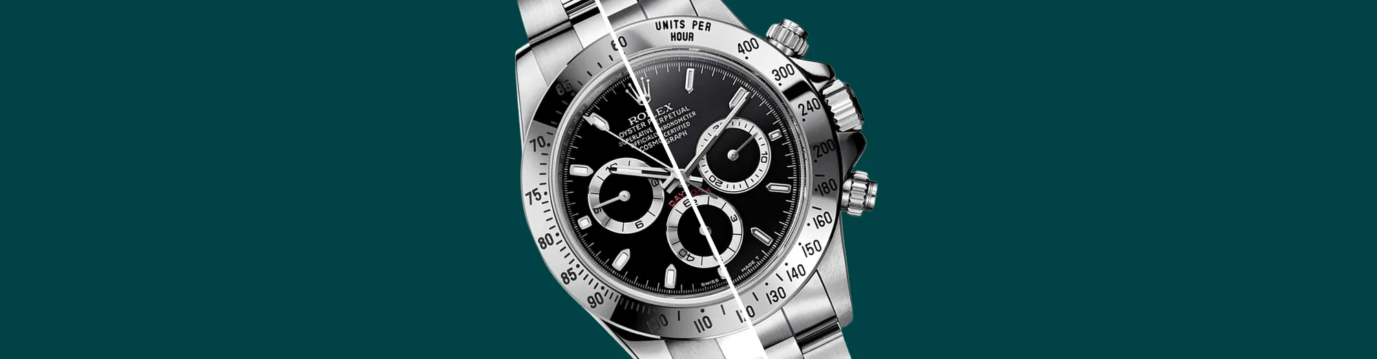 A Rolex Daytona with a black dial split in two halves by a diagonal line, against a blue-green background