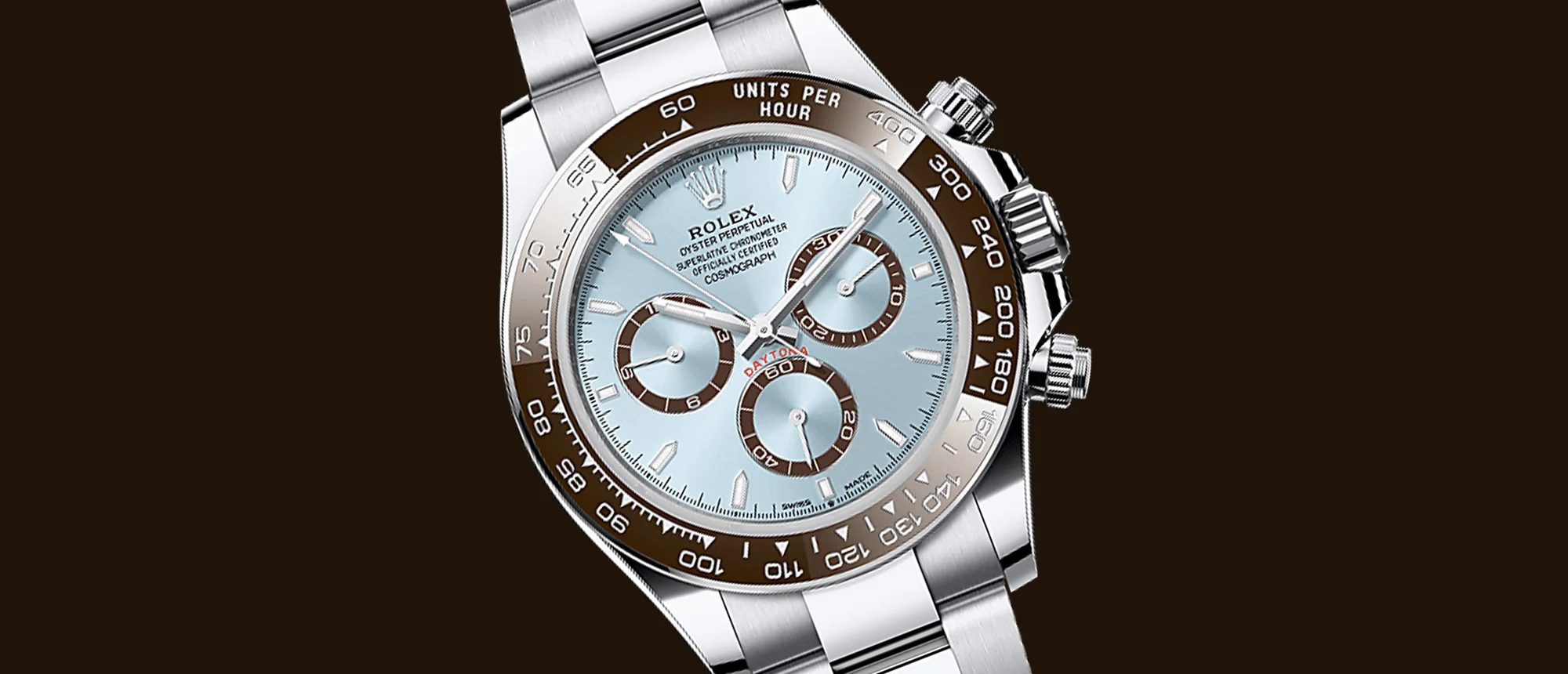 Rolex Cosmograph Daytona in Platin mit eisblauem Zifferblatt und brauner Keramiklünette mit Tachymeter-Skala